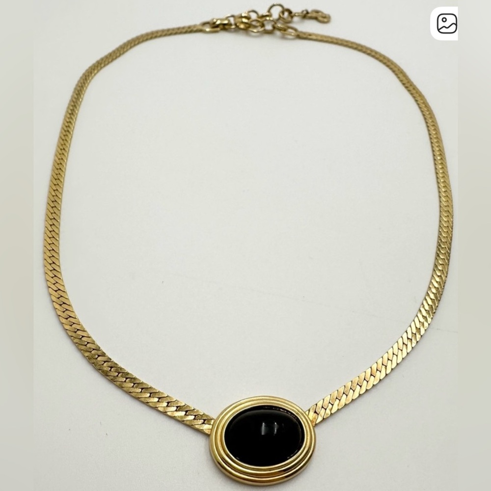 Vintage Christian Dior CD Logo Gold Tone Black Pendant Necklace